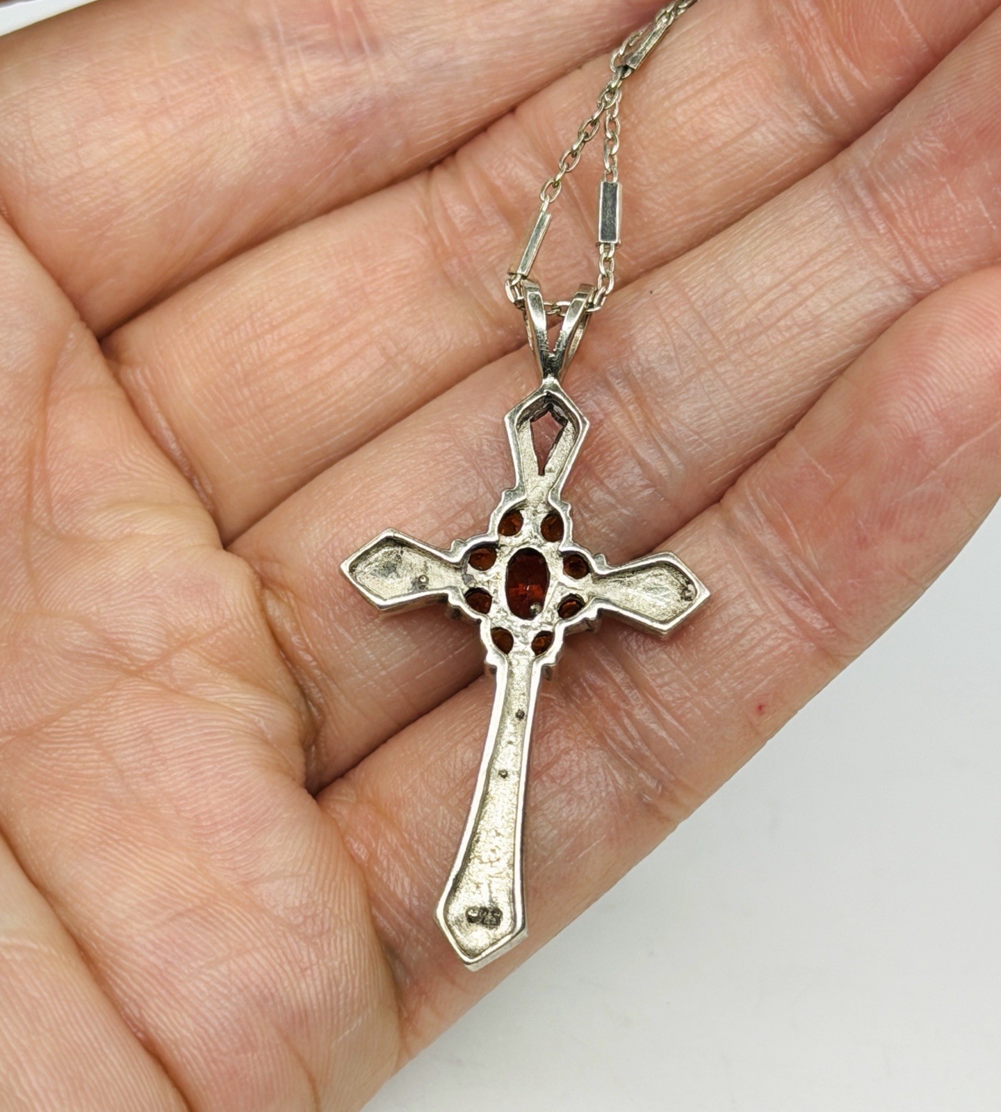 925 Sterling Silver Garnet Marcasite Cross Pendant Unique Italy 925 Necklace 24”