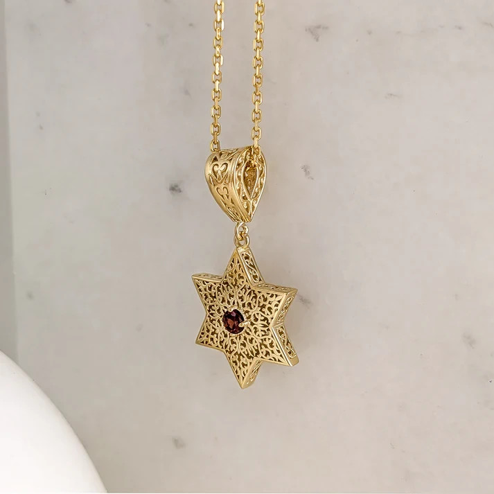 Star of David Filigree Pendant with Garnet or Citrine â€“ Optional Chain