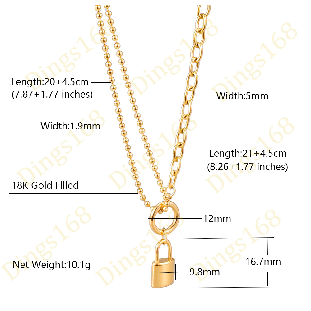 Genuine 18K Gold Filled 2-Strand Bead/Cable Chain Layered Lock Pendant Necklace