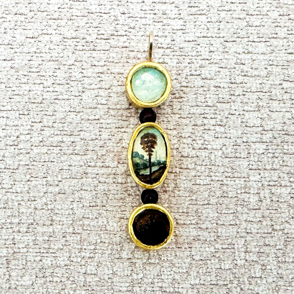 Christina Goodman Hand Painted Miniature Pendant Gold Leaf Bezels & Garnet Beads