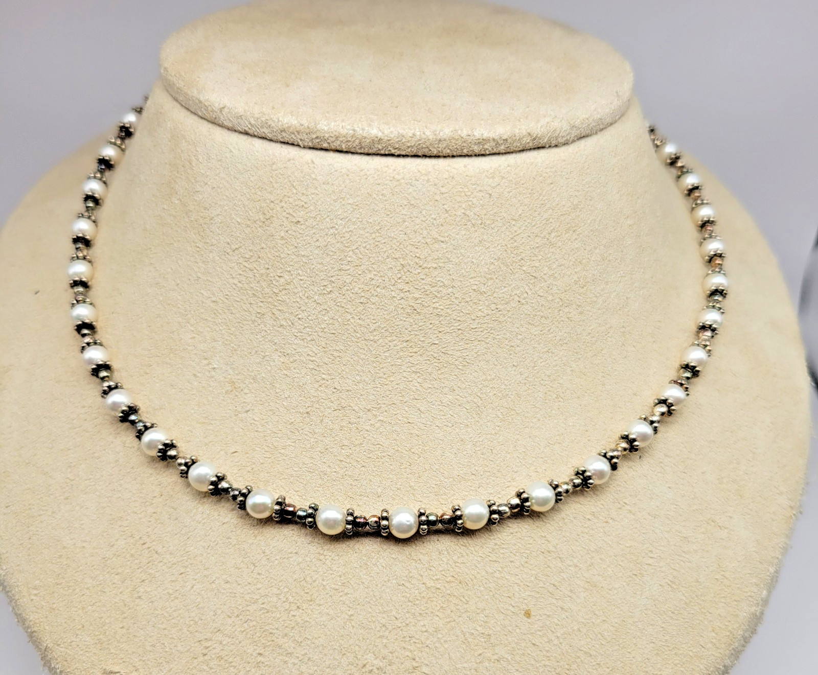 Sterling Silver 4mm Cultured Freshwater Pearl Bali Bead Station Necklace ~ 16″