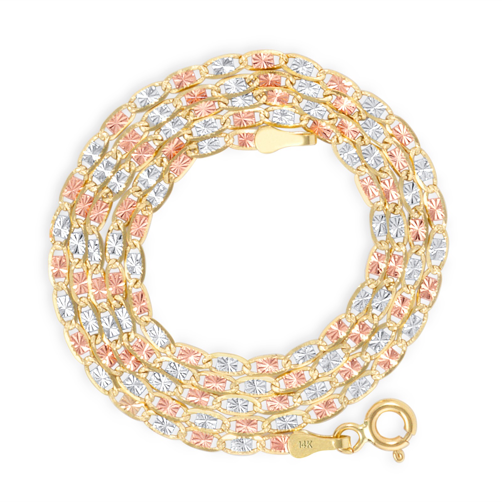 14K Solid Tri-color Yellow Rose White Gold 2mm Valentino Chain Necklace 16″- 24″