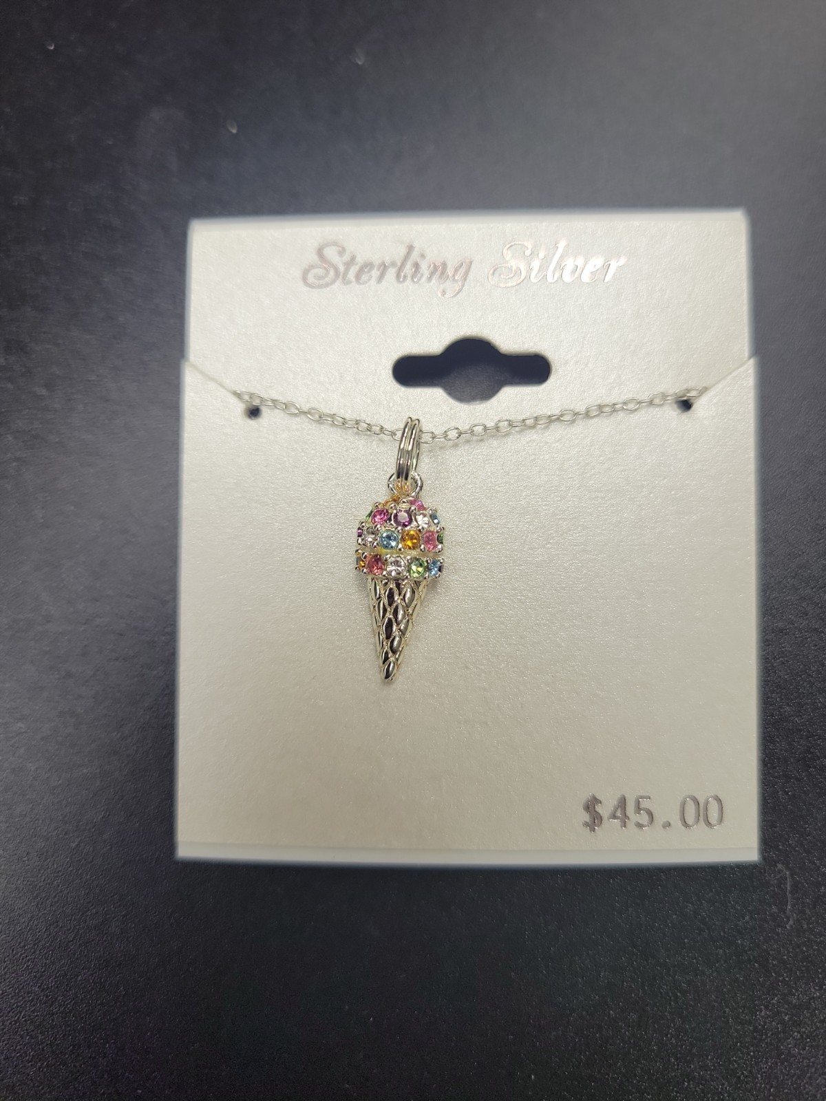 Sterling Silver Necklace Pendant Colorful Ice Cream Cone Never Out Of Packaging