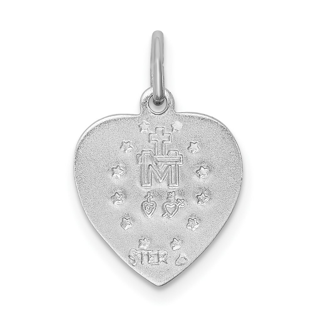 Sterling Silver w/ Blue Epoxy Miraculous Mary Medal in Heart Pendant 0.75 Inch