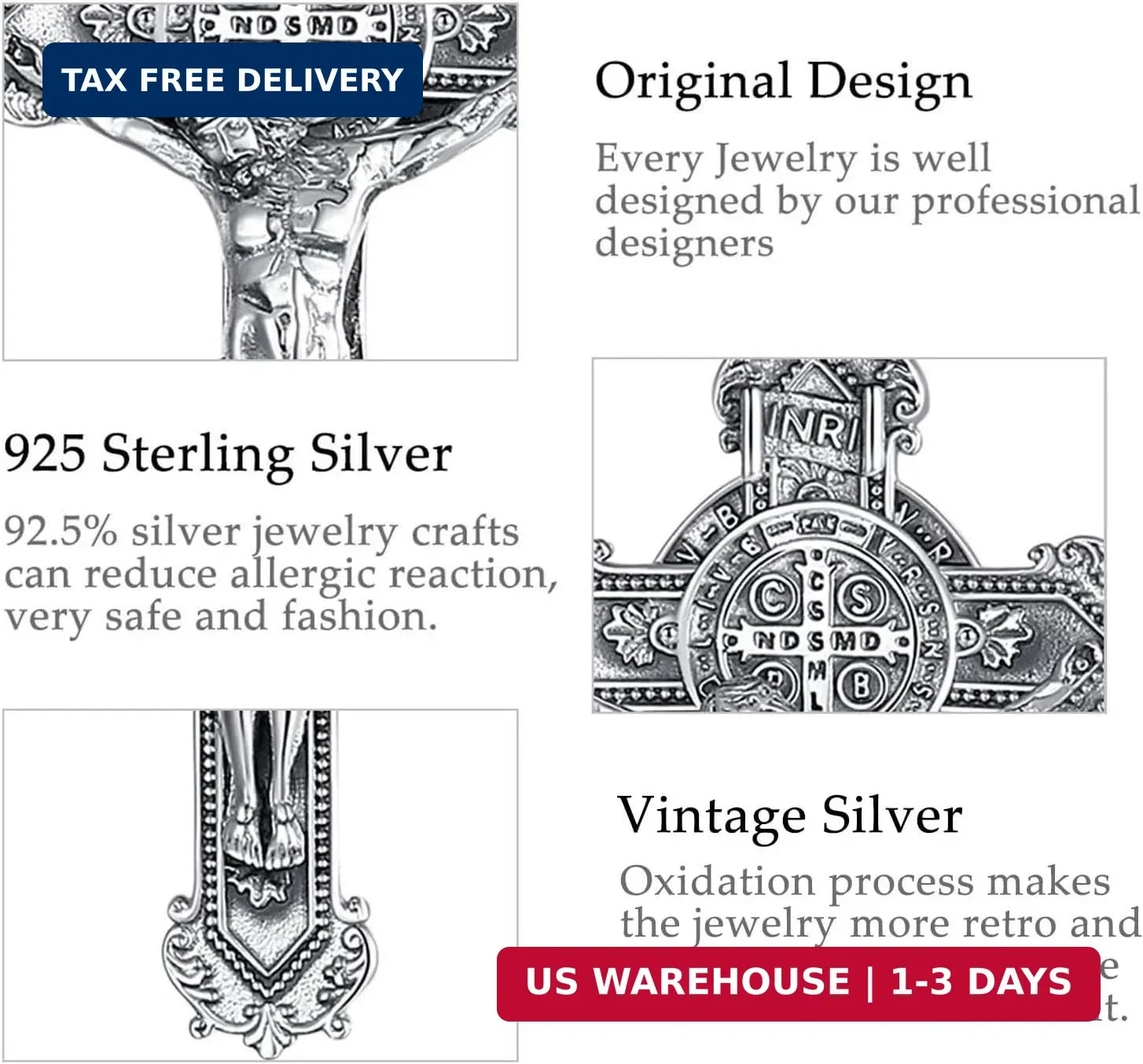 925 Sterling Silver Saint Benedict St Michael Caravaca Cross Necklace
