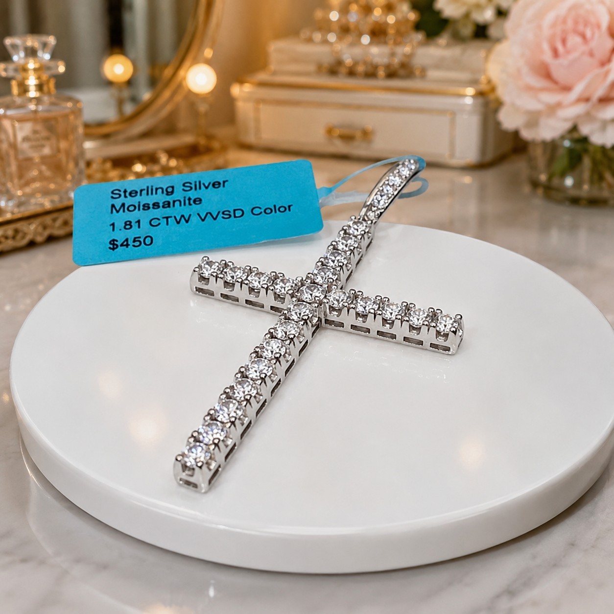 NWT 925 Sterling Silver Moissanite Cross Pendant 1.81 CTW VVS D 2″ Religious