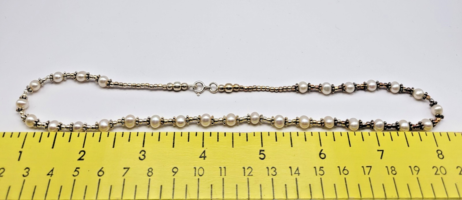 Sterling Silver 5mm Cultured Freshwater Pearl Bali Bead Station Necklace ~ 16″