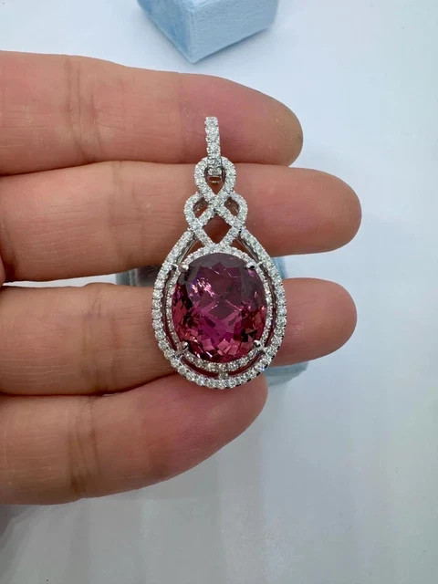 3.00Ct Oval Cut Lab Created Pink Tourmaline Halo Pendant 14K White Gold Plated