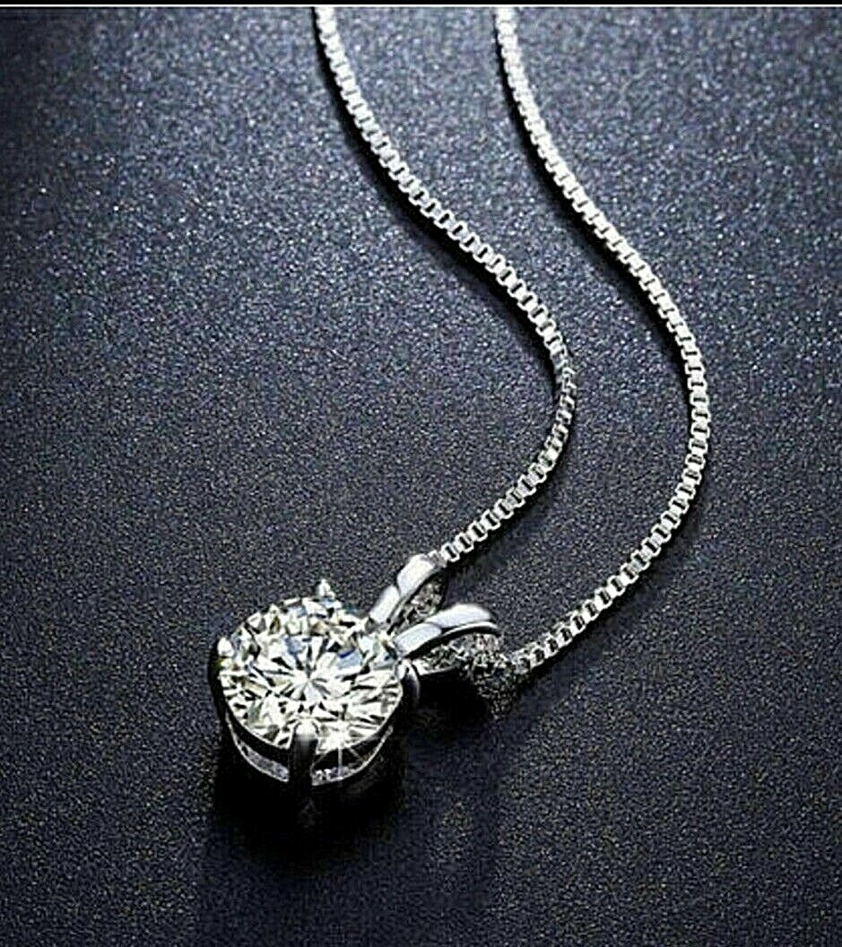 2.00Ct Round Brilliant Moissanite 14K White Gold Solitaire Pendant 18″ Necklace