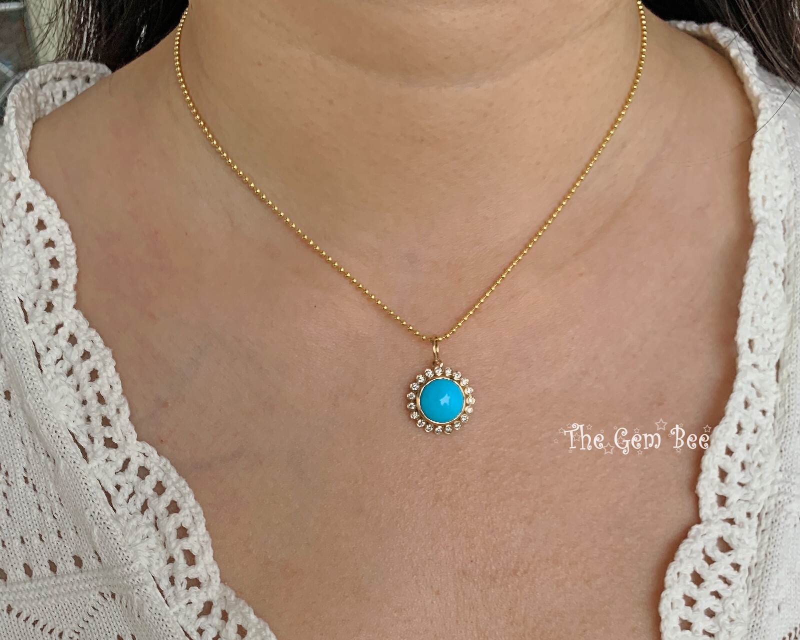 16mm 14K Yellow Gold Diamond Sleeping Beauty Turquoise Round Pendant Charm