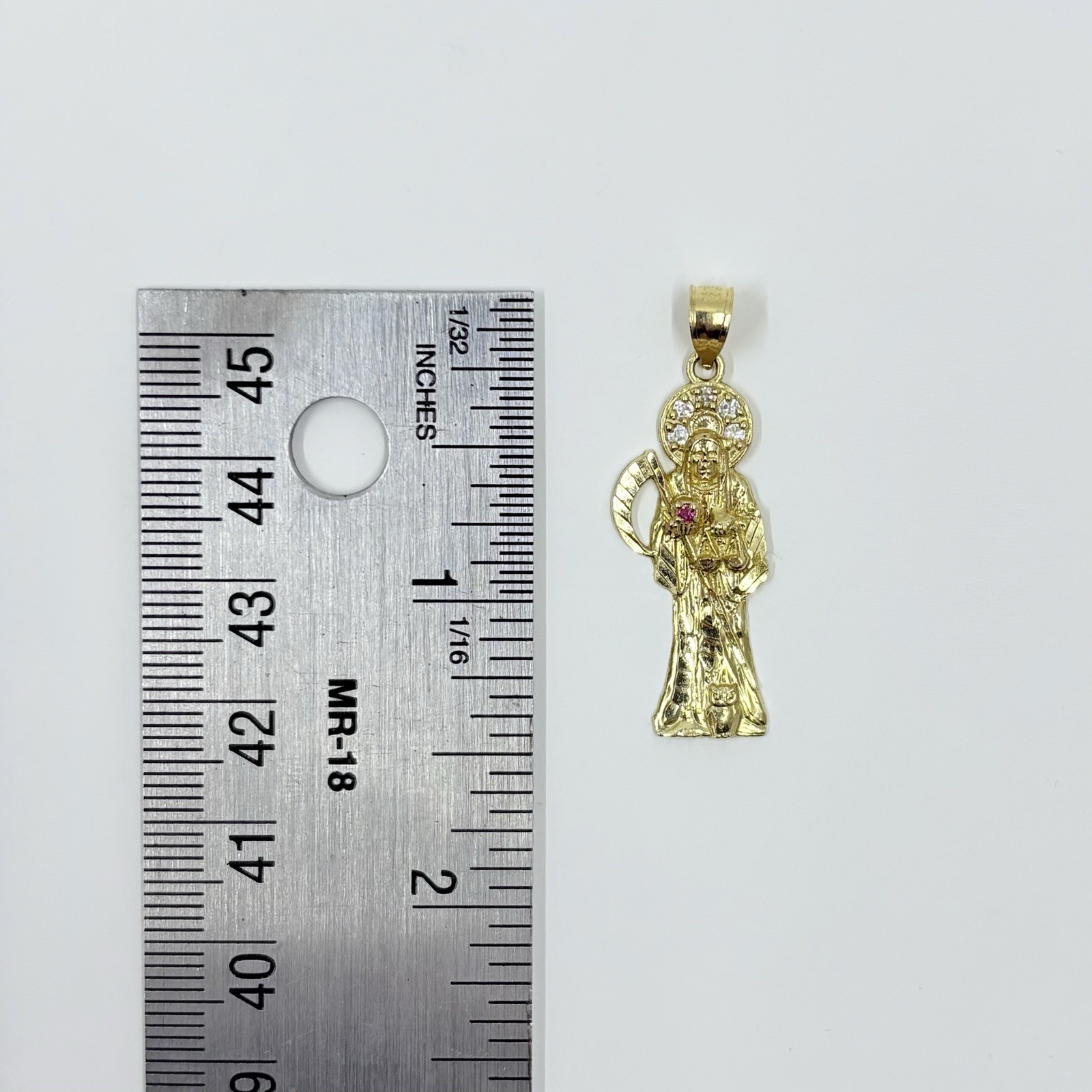 14k Gold Santa Muerte Grim Reaper Pendant Non-Diamond & Red Gemstone