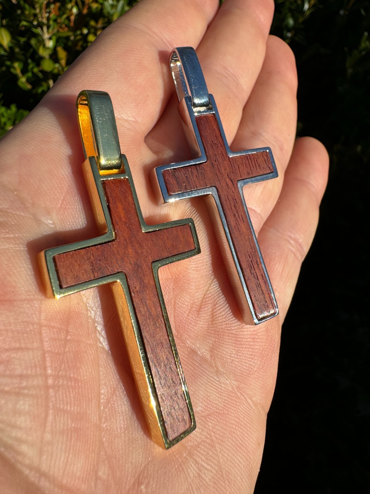 Large Mens Real 925 Silver & Wood Inlay Plain Religious Cross Pendant Necklace