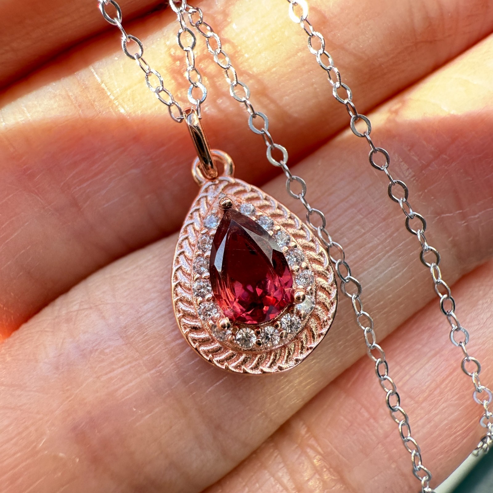 925 Sterling Silver Necklace 6x4mm Natural Garnet Gemstone Zircon Handmade Chain