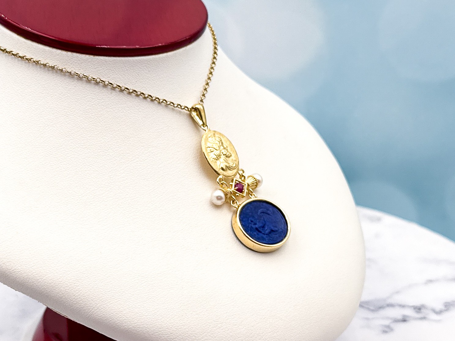 TAGLIAMONTE Designs (2385P-Lapis) 925SS/YGP Lapis Cameo Pendant *Cupid*Reg.$200