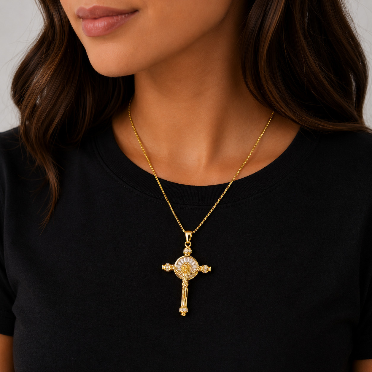 Italian 1/200 Iced CZ Baguette 14k Yellow Gold Oro Jesus Cross Crucifix Pendant