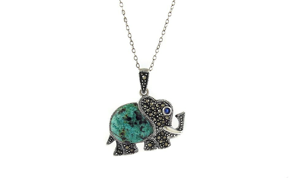 925 Sterling Silver Genuine Marcasite Turquois Elephant Pendant Necklace – 18″
