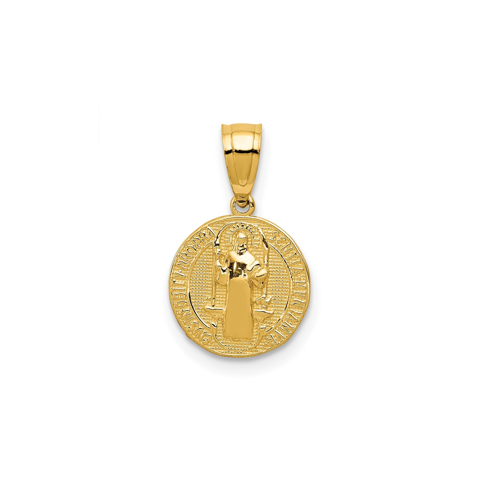14k Yellow Gold St Benedict Medal Pendant Latin Inscription Christian Charm 10mm