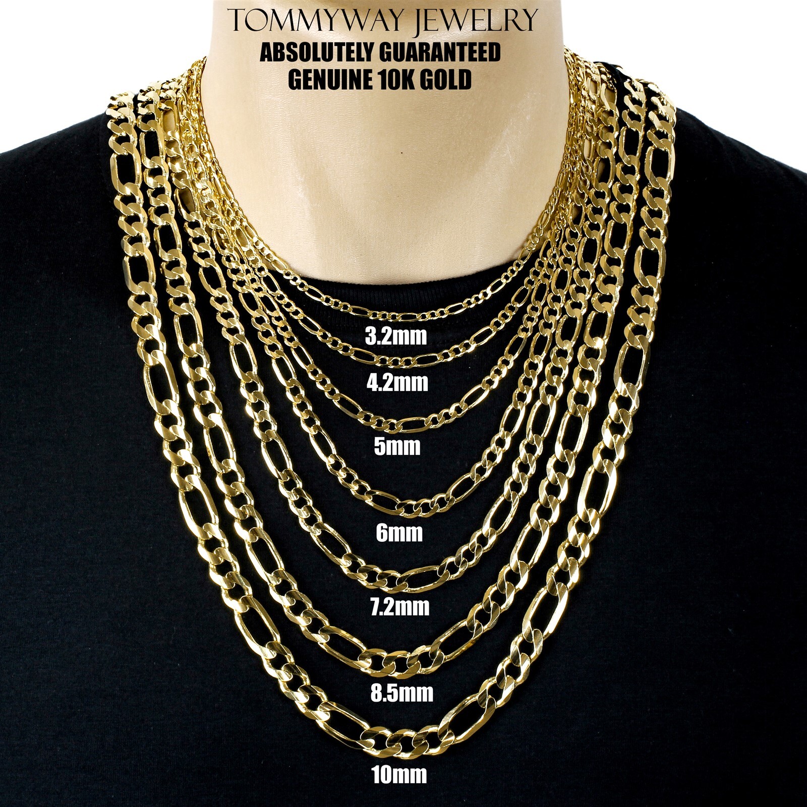 Guaranteed Genuine Solid 10K Gold Figaro 3+1 Link Chain Necklace All Sizes
