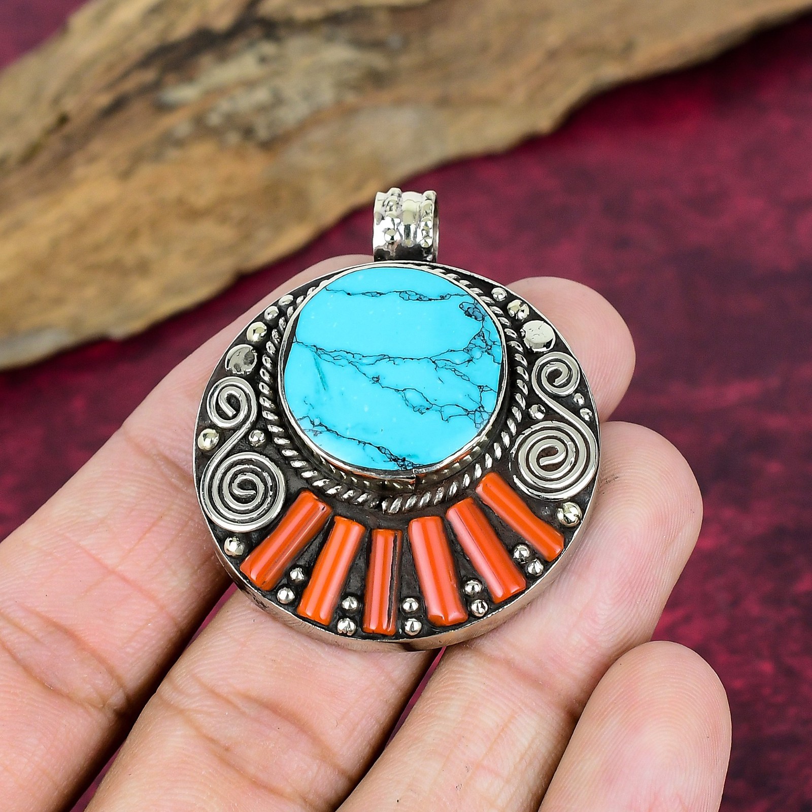 Turquoise, Coral Gemstone Handmade Jewelry 925 Sterling Silver Nepali Pendant