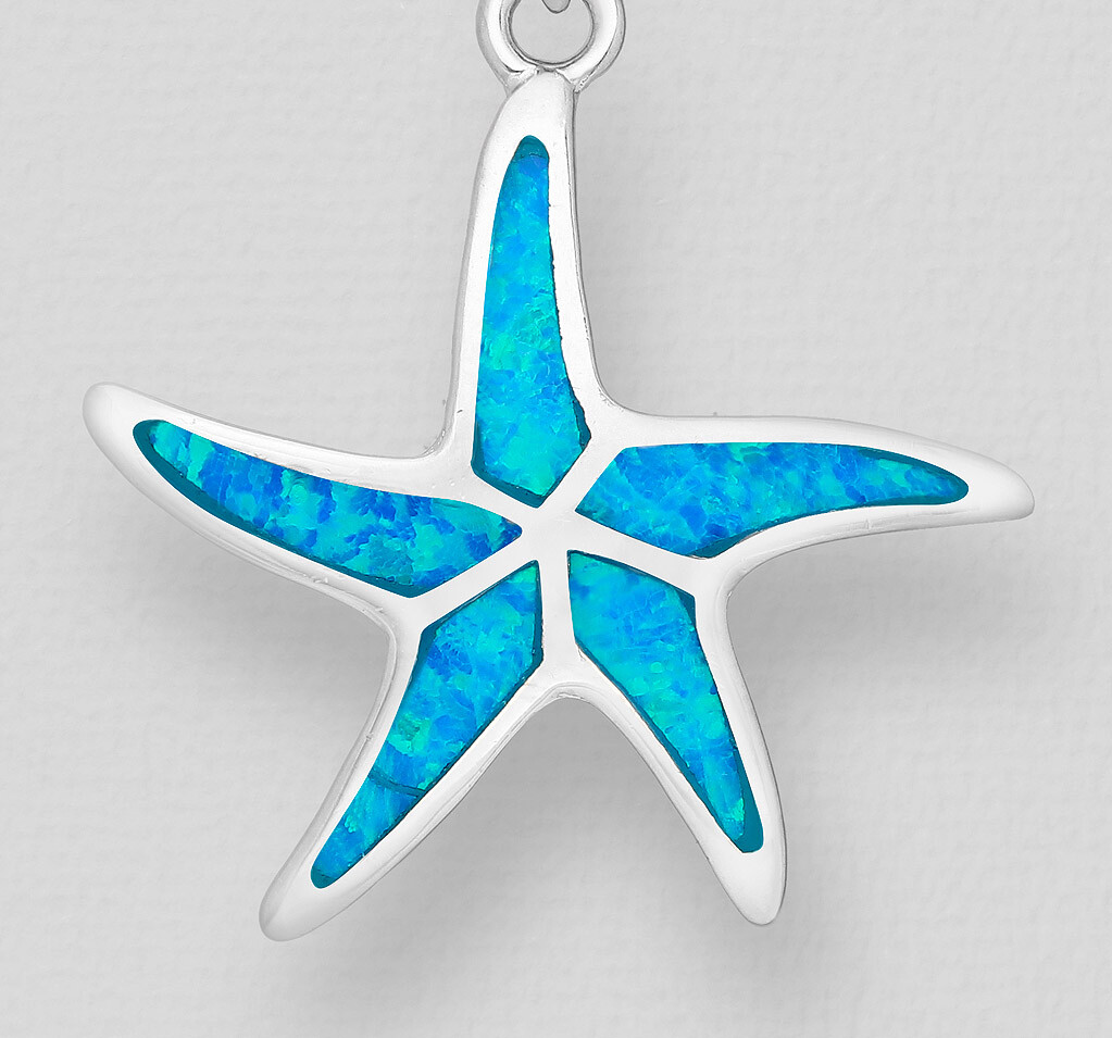 Solid Sterling Silver Blue Opal Inlay Starfish Star Pendant 31mm=1.22″ Long 3.2g