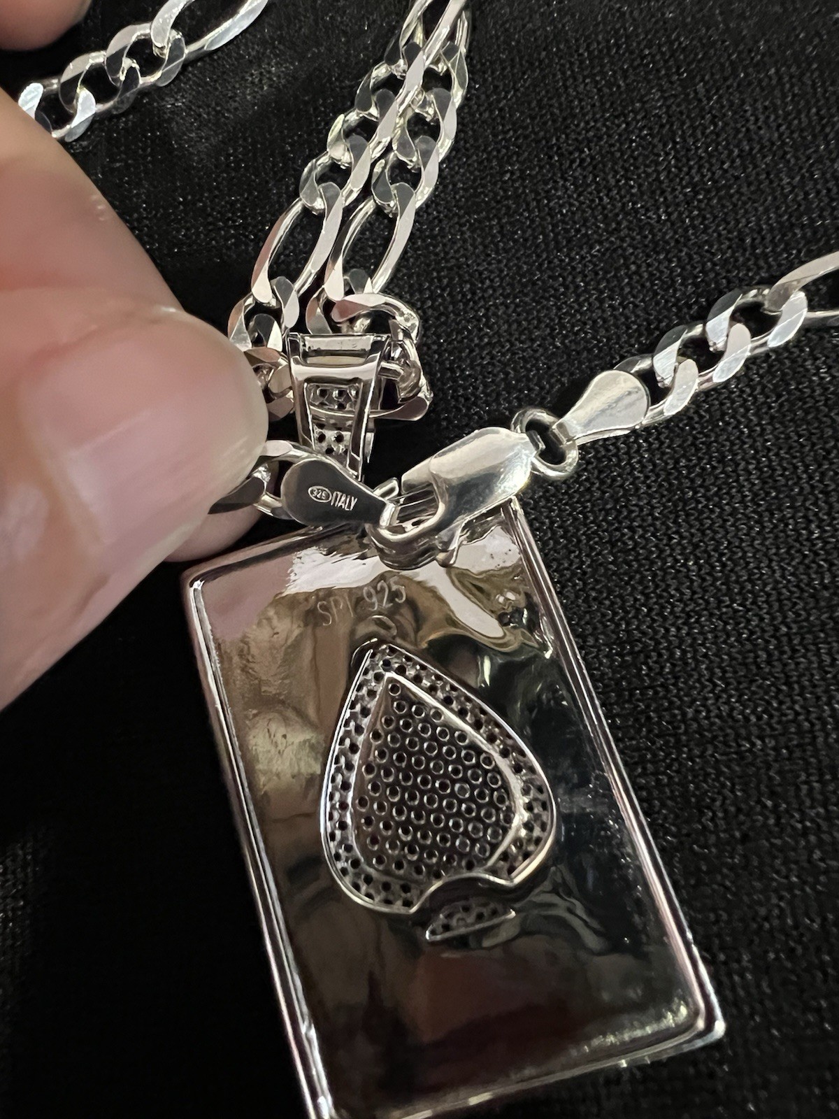 925 Sterling Silver CZ Ace of Spades Poker Card Pendant & Figaro Chain 20 26 30