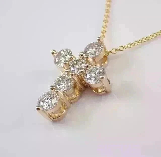 Lab Grown Diamond Small Cross Pendant 1.40 Ct Round Cut 14K Yellow Gold Plated