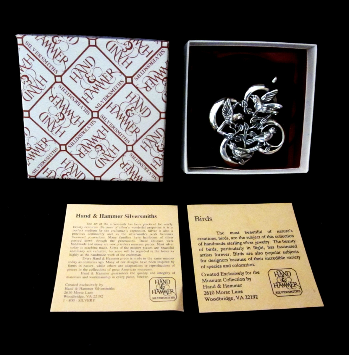 Hand & Hammer Sterling Silver Birds Pendant/Ornament w/Original Box & Brochure
