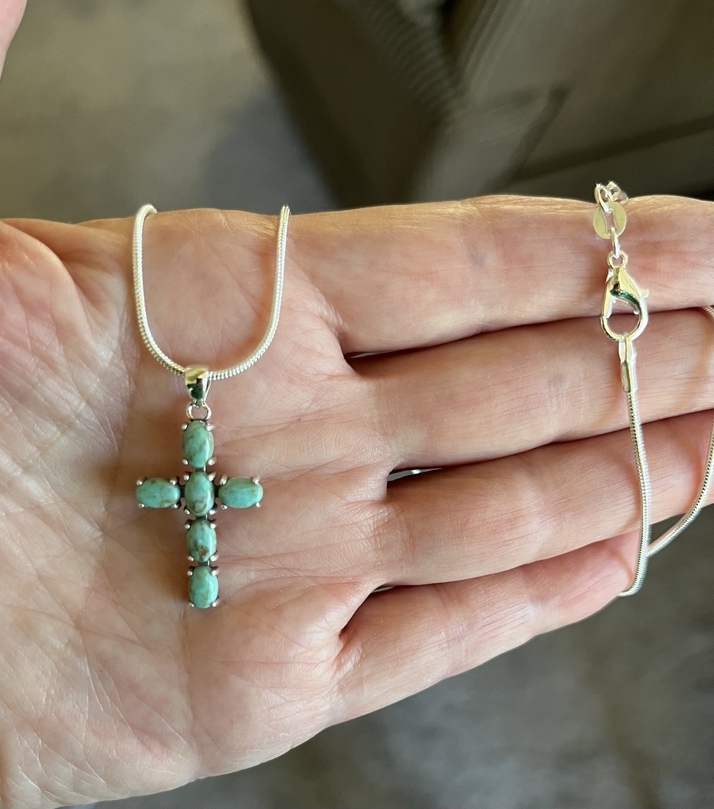 Sterling Silver Genuine Turquoise Cross Necklace 18in. Height: 25mm, Nice Gift🩵
