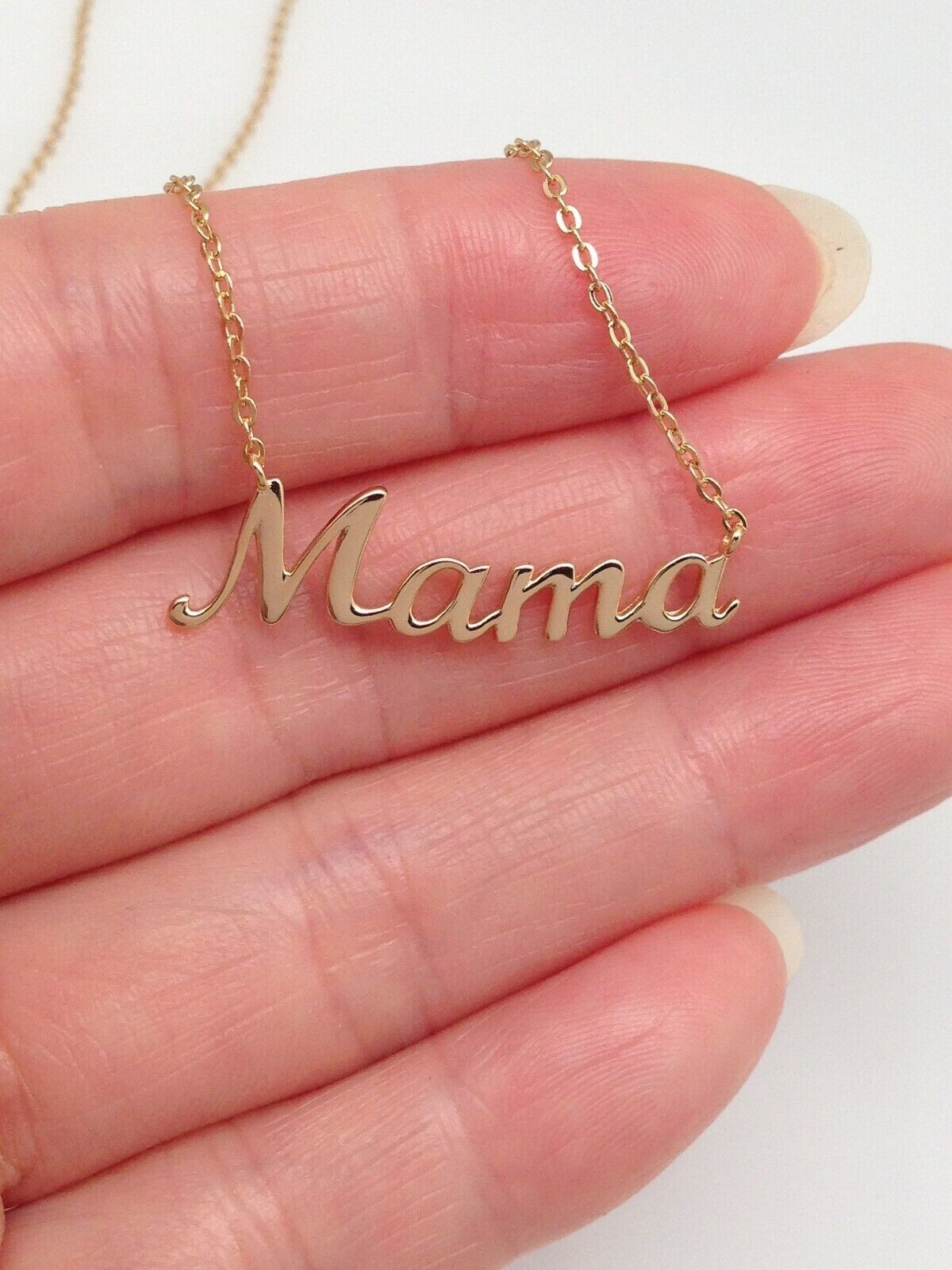 925 Sterling Silver Script Mama Pendant Necklace Gold 31mm(1.22″) 15.25-17.25″