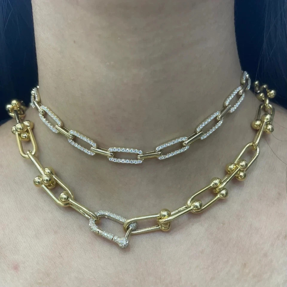Round Natural Diamond GH/SI Paper Clip Necklace For Girlfriend 14k Yellow Gold