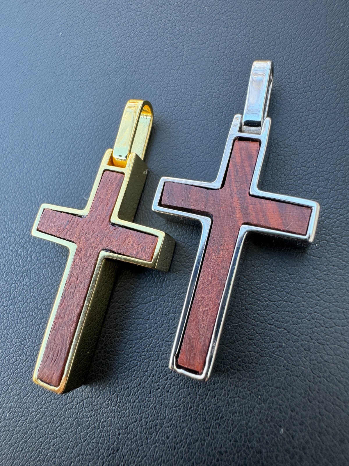 Large Mens Real 925 Silver & Wood Inlay Plain Religious Cross Pendant Necklace