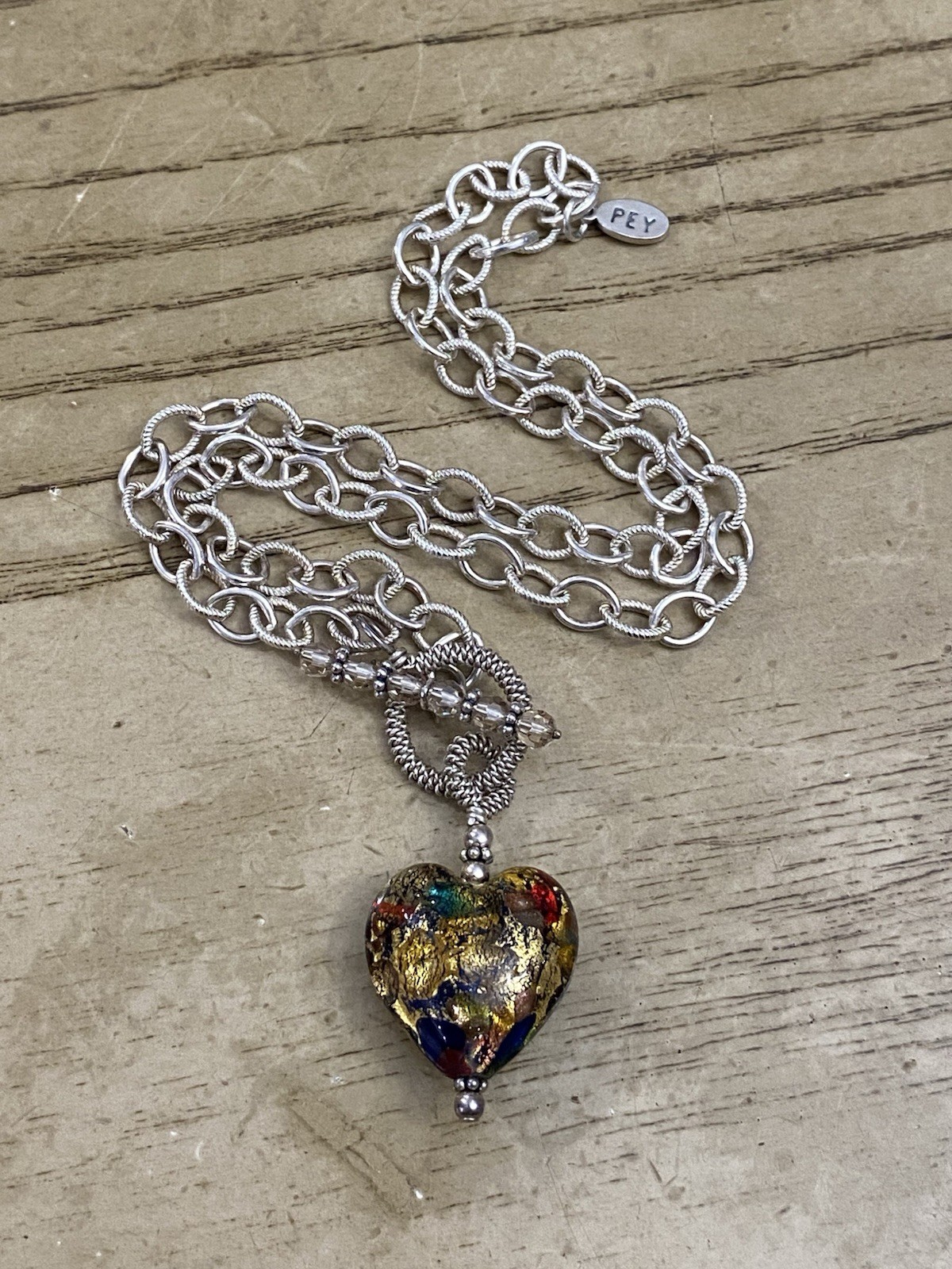 925 PEY Necklace Oval Hammered Link Puffy Heart Pendant Toggle Closure 16”