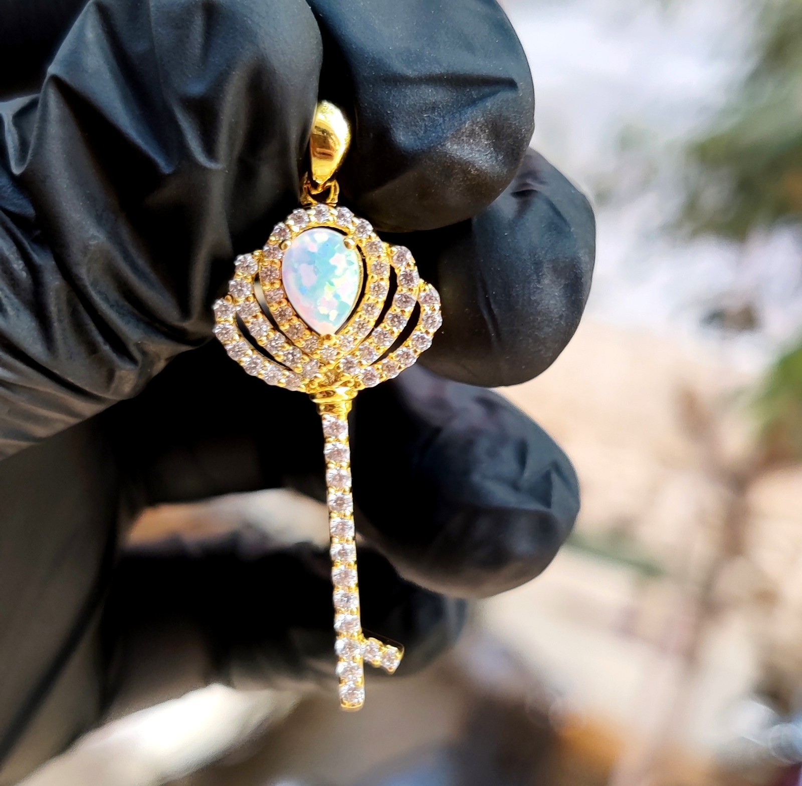 2Ct Pear Cut Lab Created Fire Opal Key Pendant 14K Yellow Gold Plated 925 Silver
