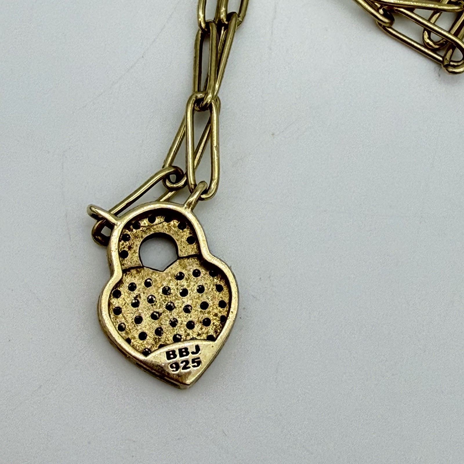 Vtg Sterling Over Gold Pave Diamond Heart Necklace Paper Clip Chain