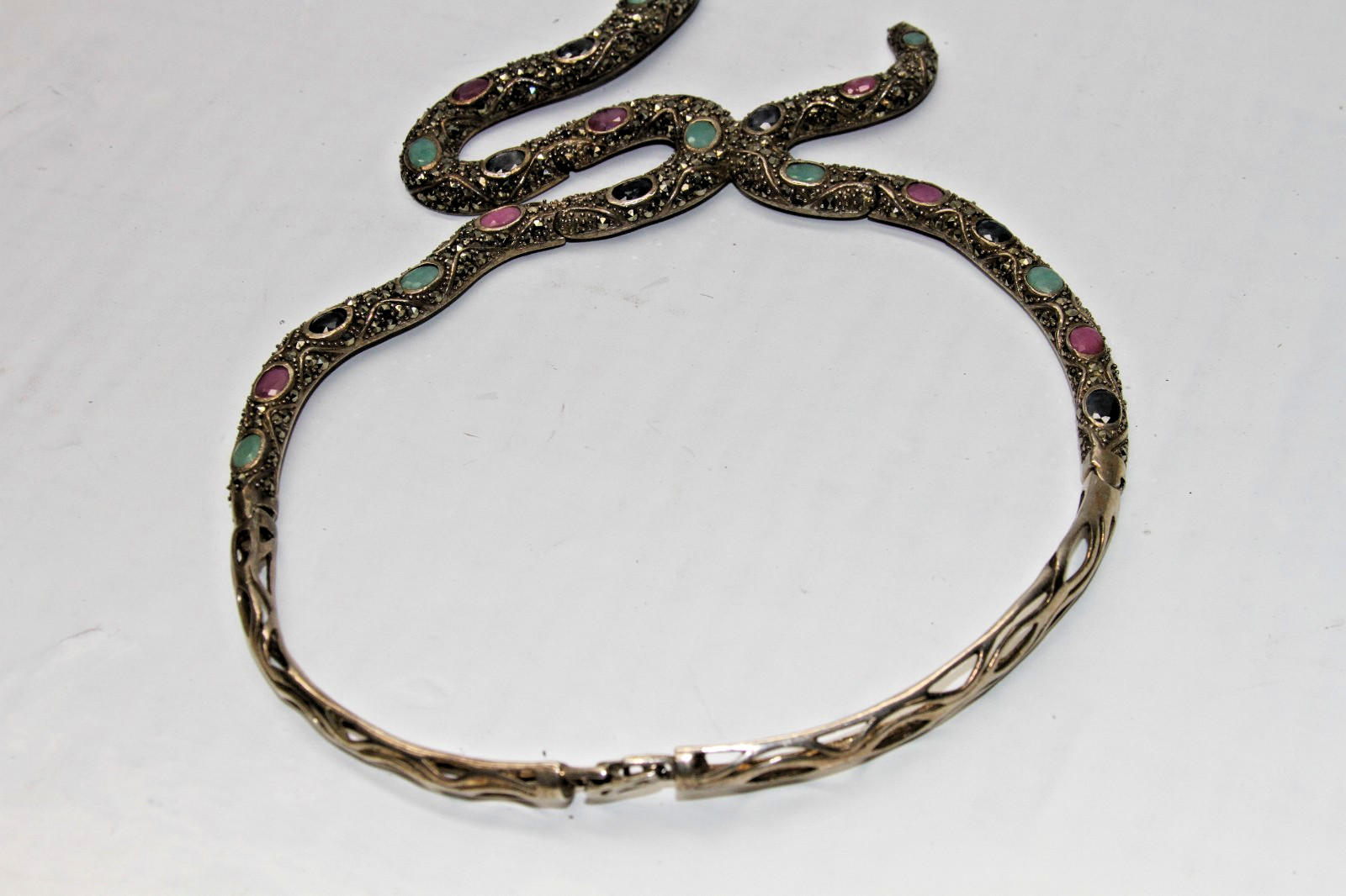Ruby, Emerald, Sapphire, Marcasite Snake Necklace 925 Sterling Silver 77g