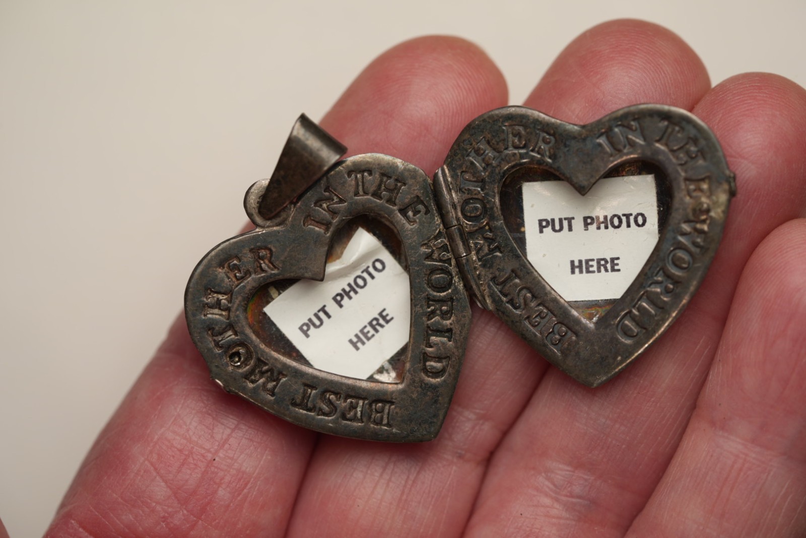 Vintage Sterling Silver Heart Locket Pendant Best Mother of the World Two Photos
