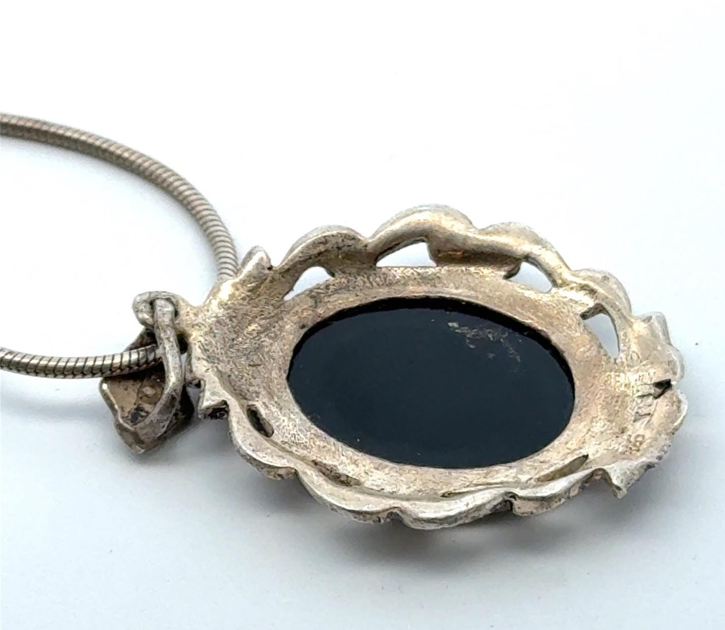 18” x 1.22mm .925 Sterling Silver Onyx & Marcasite Pendant Necklace 9.9g