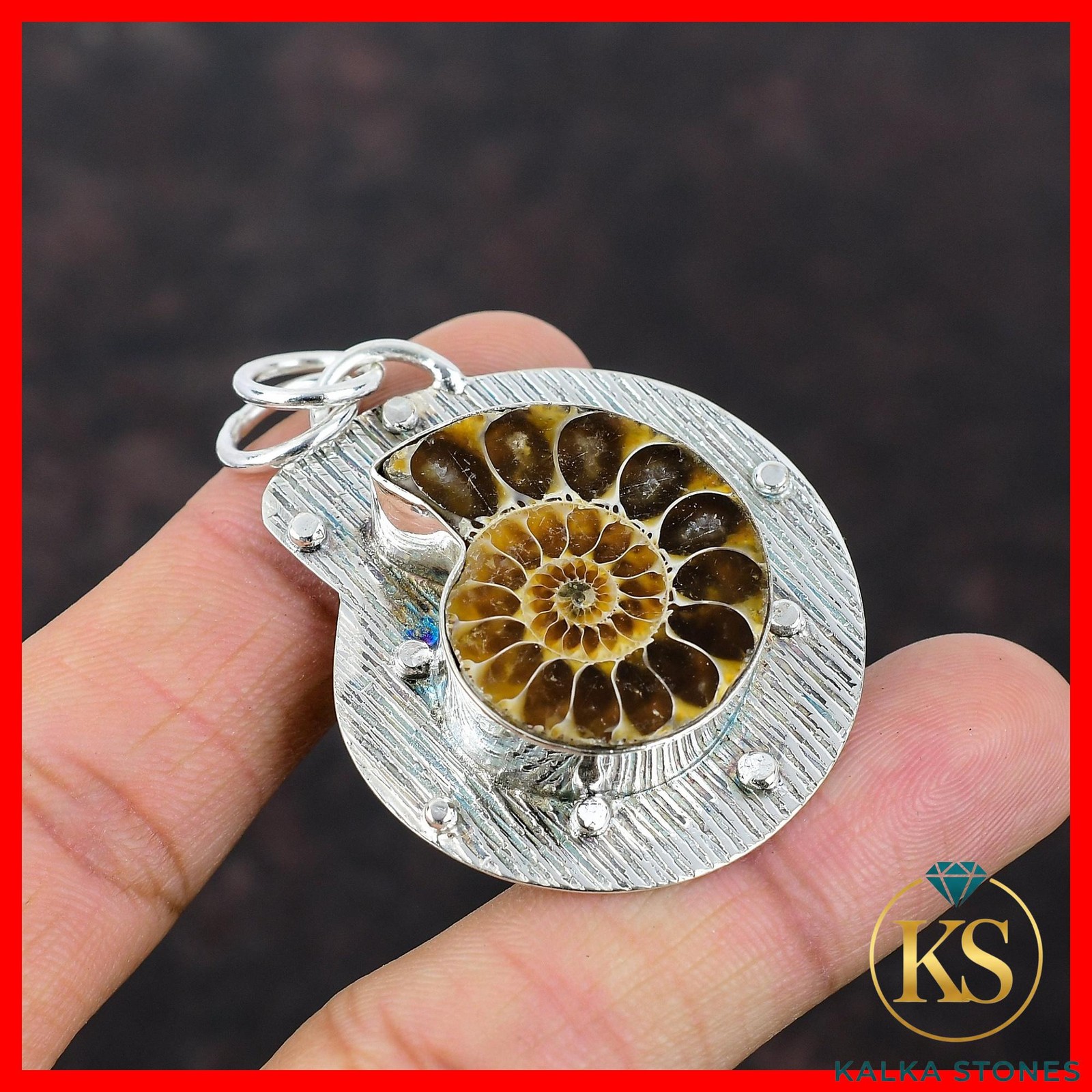 925 Sterling Silver Pear Ammonite Fossil Gemstone Handmade Anniversary Pendant