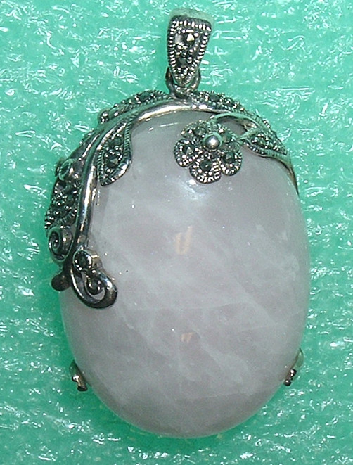 LARGE Vintage Rose QUARTZ & STERLING n MARCASITE Flowers PENDANT DROP *Fine