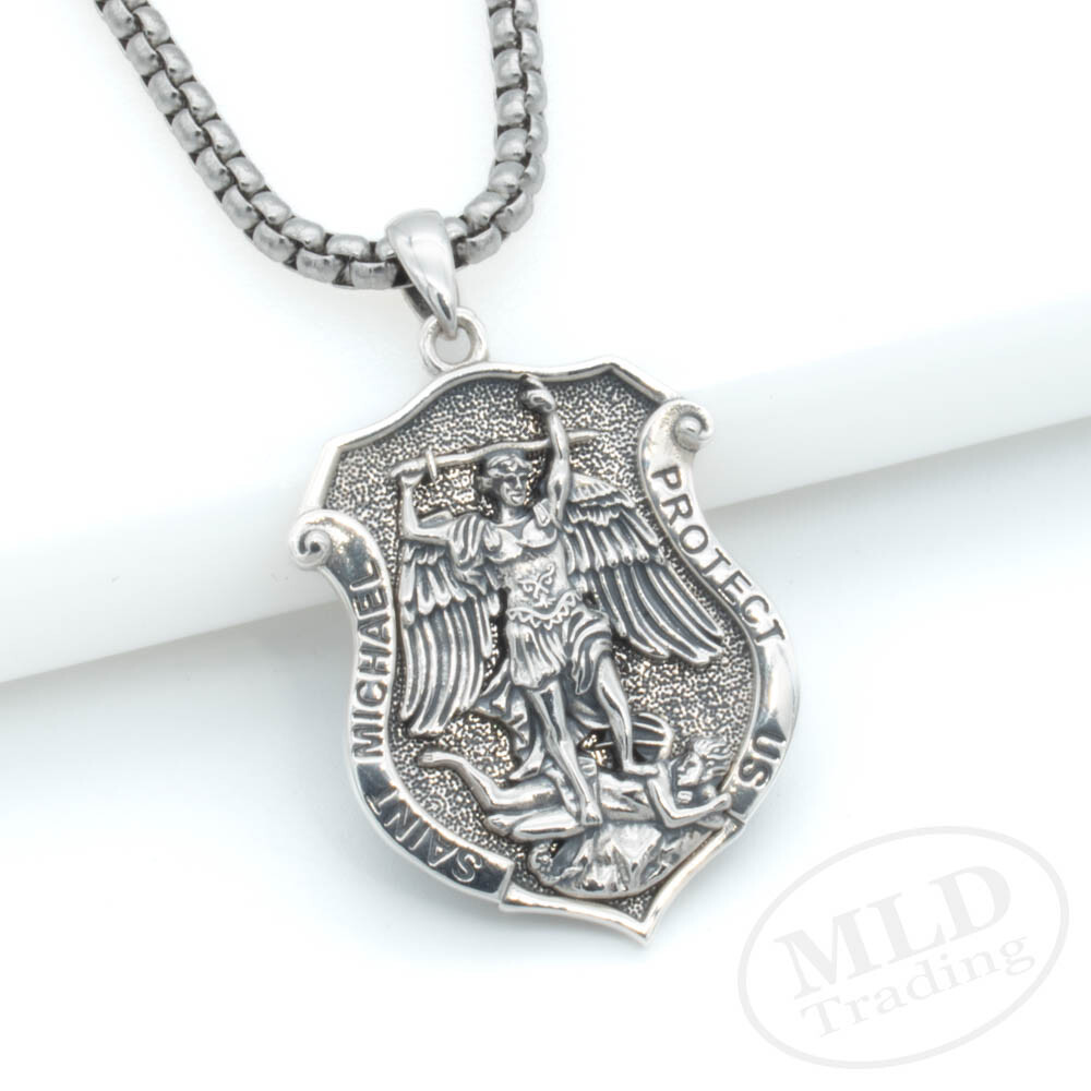 MLD 925 Sterling Silver Saint St Michael Shield Medal Pendant Necklace