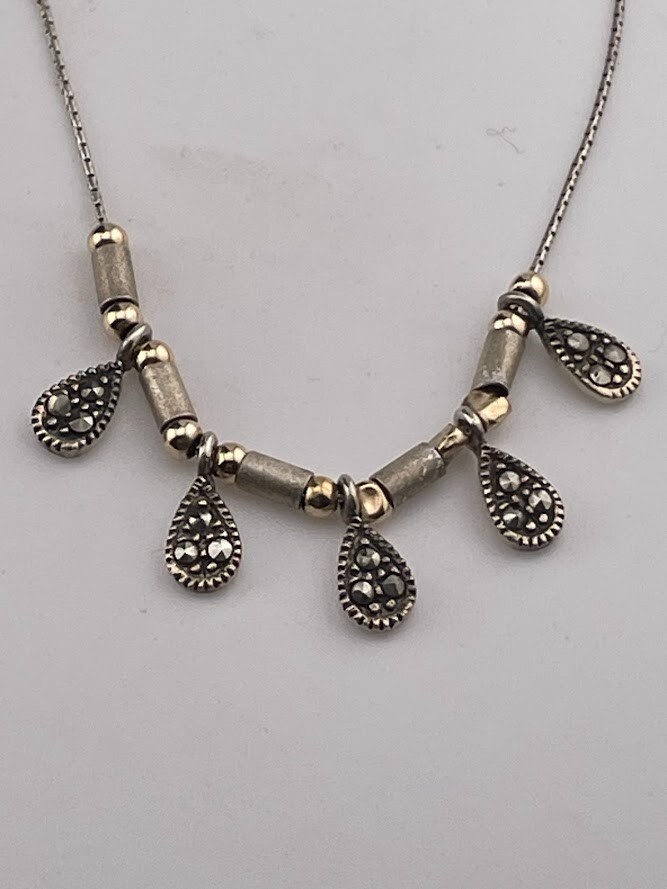 ITALY 925 STERLING SILVER 2 TONE BEADS MARCASITE TEARDROP NECKLACE 16″ MOD 1723