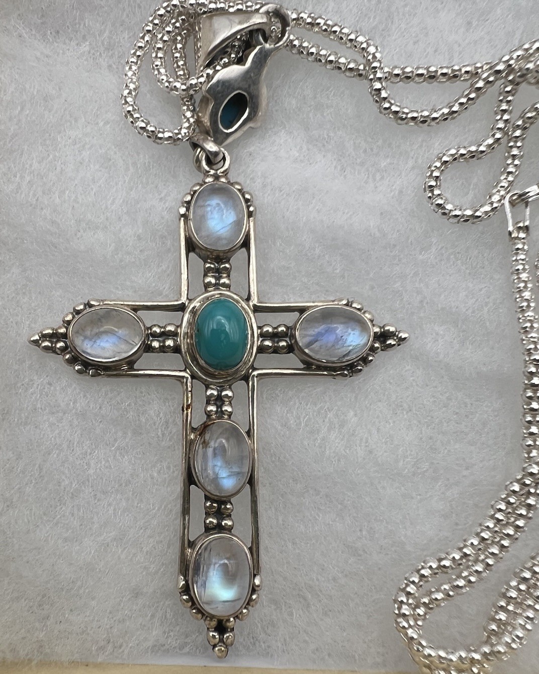 Signed Nicky Butler .925 Sterling Silver Cross Pendant Necklace Gem & Moonstones