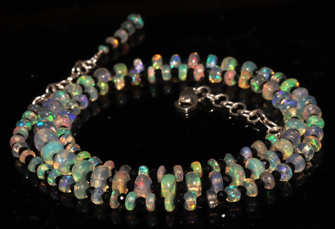 Ethiopian opal black spinel gemstone 925 sterling silver necklace jewelry h66