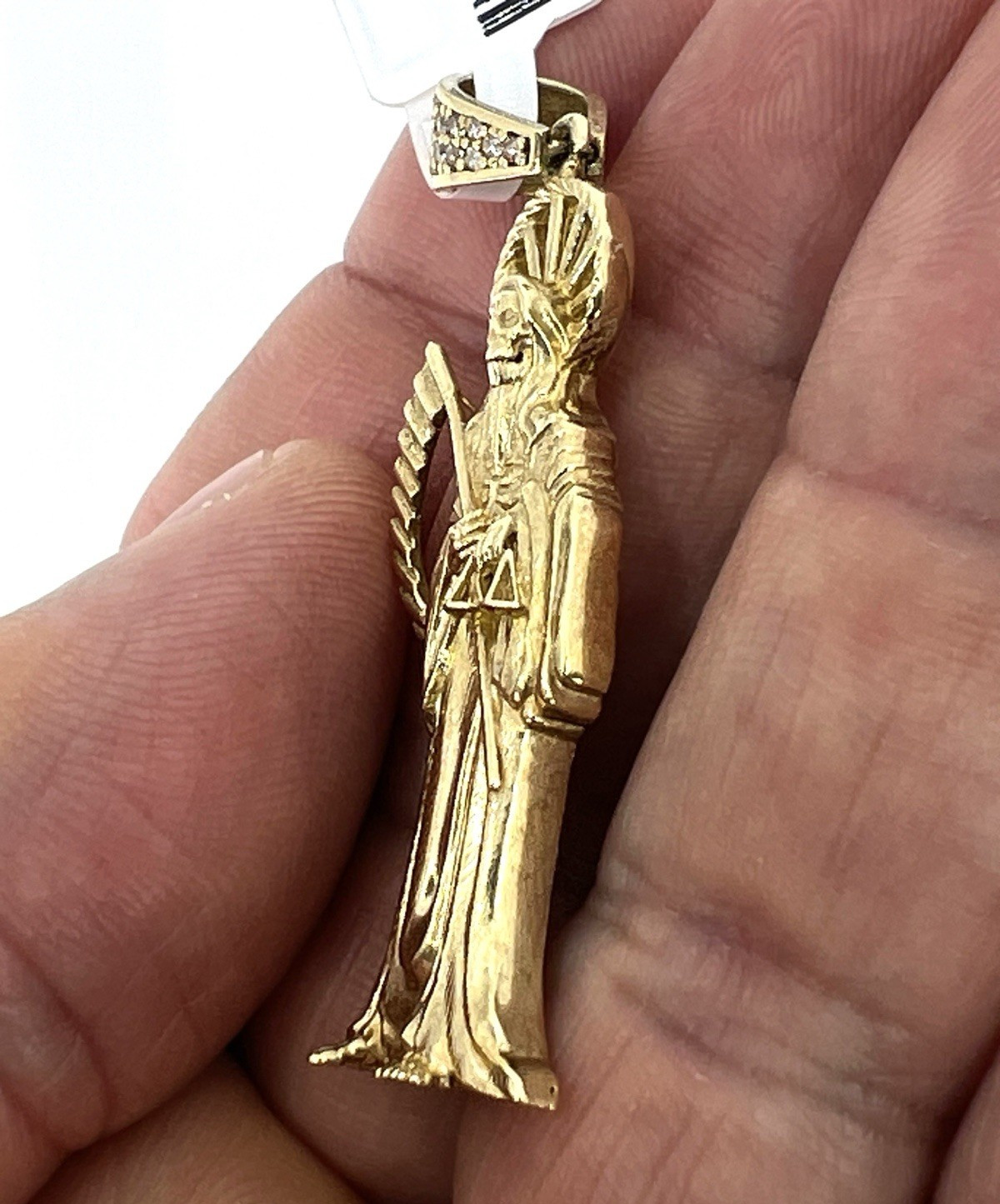 10K Yellow Gold Santa Muerte Pendant CZ Bail Grim Reaper Holy Death New OroAu