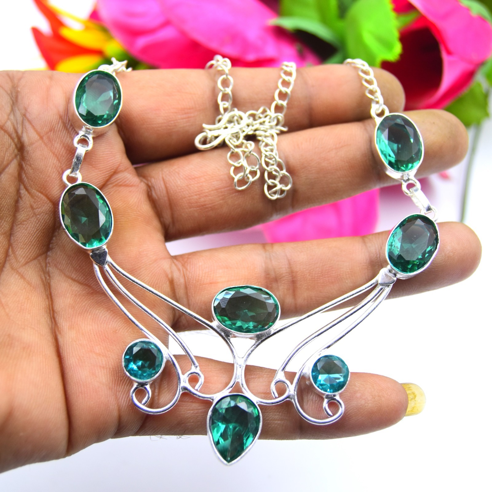 Paraiba Tourmaline Gemstone 925 Sterling Silver Jewelry Necklace Size-17-18″