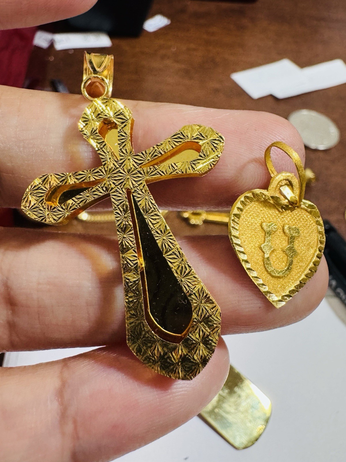 22K 916 Fine Real Gold Two Set U Heart & Cross Pendant 4.5g