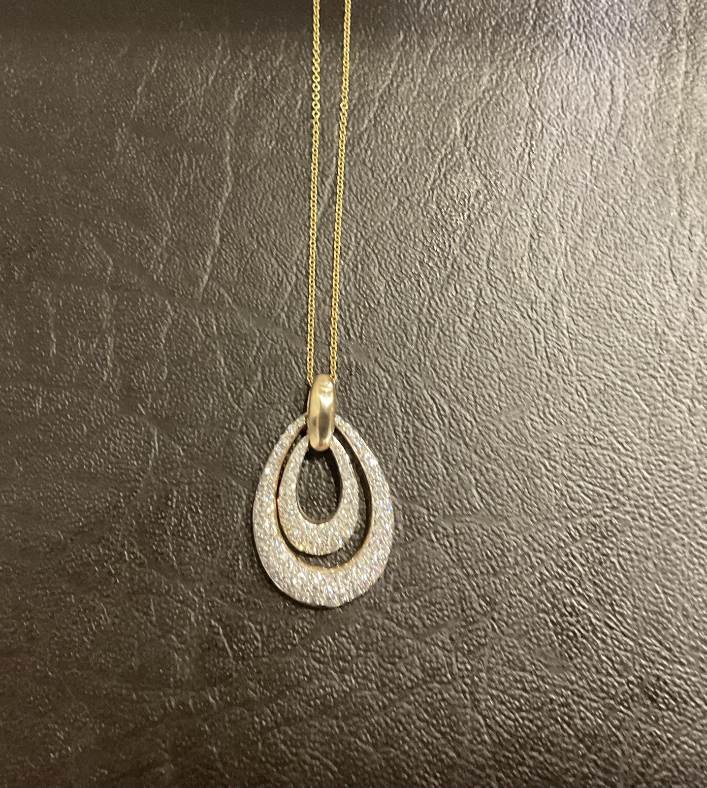 Diamond Pave 14k Gold Oval Double Hoop Pendant Necklace 18”