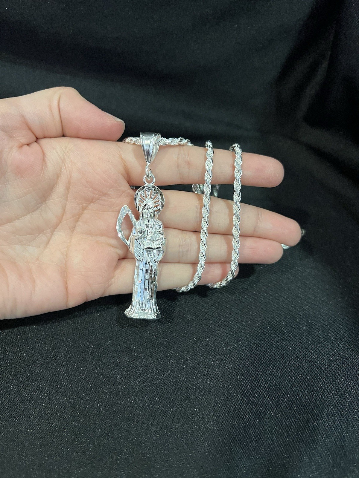 925 Sterling Silver Mens Womens Santa Muerte Grim Reaper & Rope Chain 20 26 30