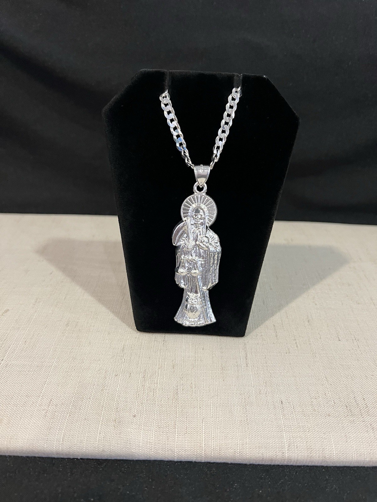 925 Sterling Silver Big Men Women Santa Muerte Grim Reaper & Curb Chain 20 26 30