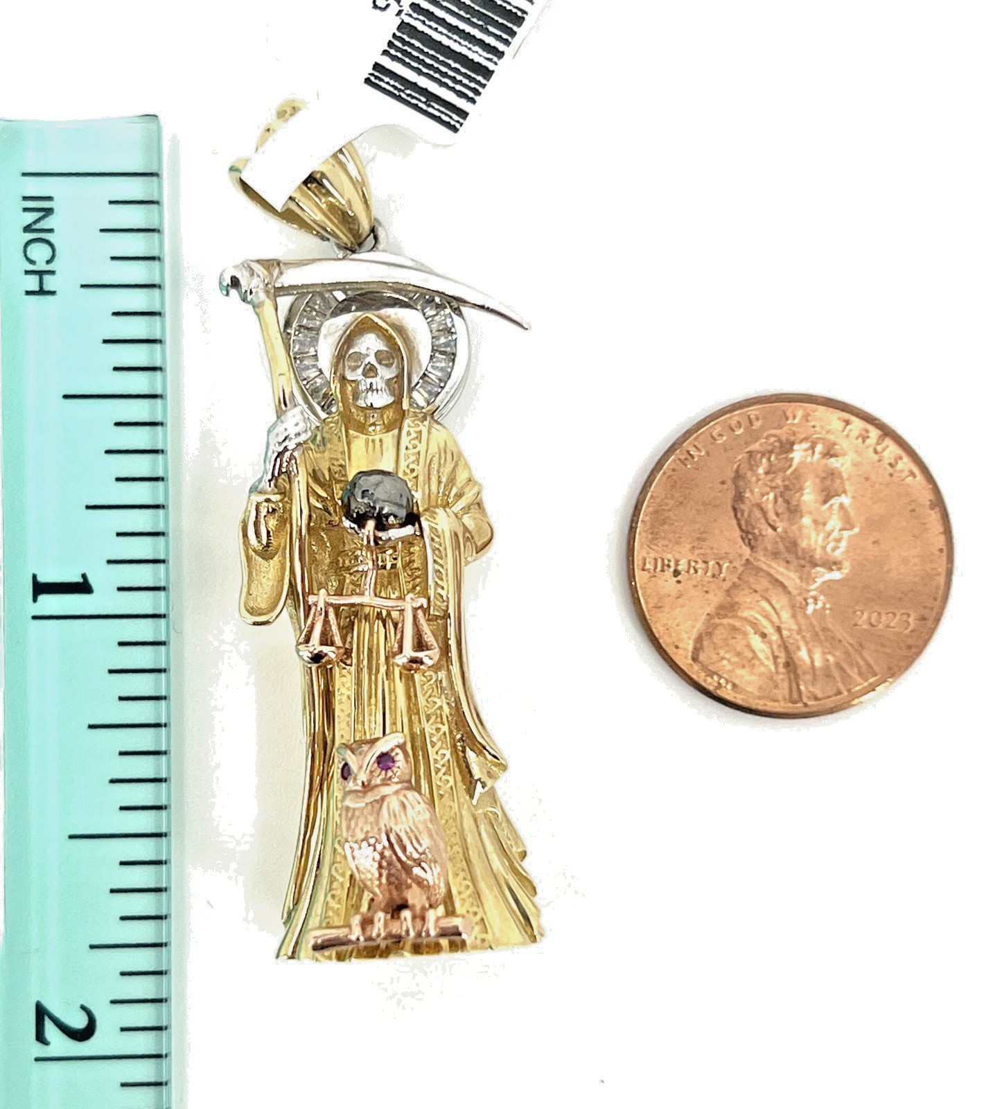 10K Tri-Color Gold Santa Muerte Pendant 2″ Italian CZ Santisima Muerte Authentic